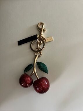 Coach Gold-Tone Glitter Cherry Keychain with Red Cherries & Green Leaves